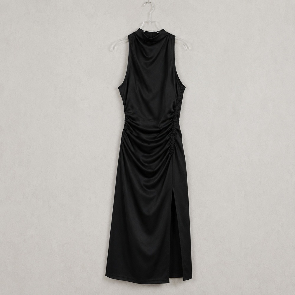 CeCe Occasion Dress Womens 10 Rich Black Ruched Mock Neck Satin Midi Cocktail